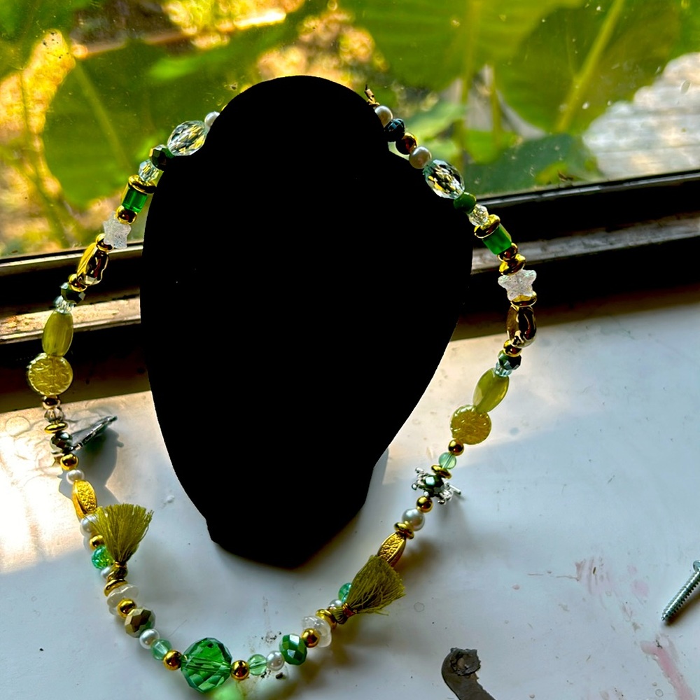Handmade Luxury Beaded Necklace w gold colored accents and faux feathers